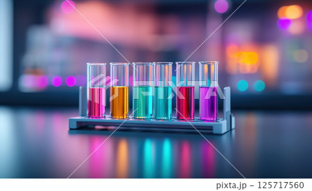 Test tubes in precision rack display vibrant colored liquids under clean lighting, creating visually striking laboratory scene 125717560