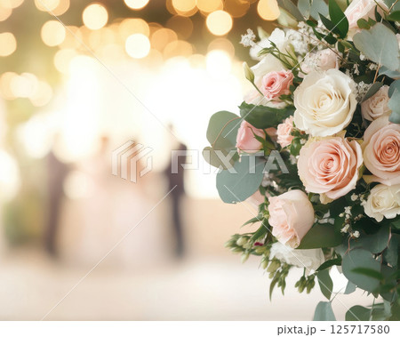 beautiful wedding bouquet featuring pink and white roses, surrounded by greenery, with soft focus background of wedding ceremony. romantic atmosphere is enhanced by warm bokeh lights 125717580