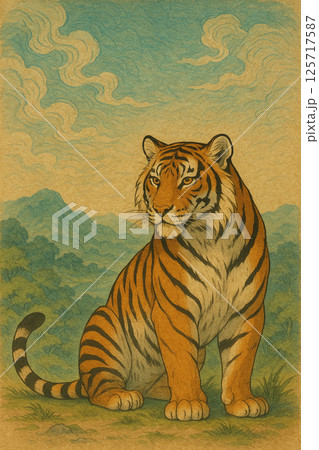 自然の中に佇む虎と和紙風テクスチャ背景 自然の中に佇む虎と和紙風テクスチャ背景 125717587