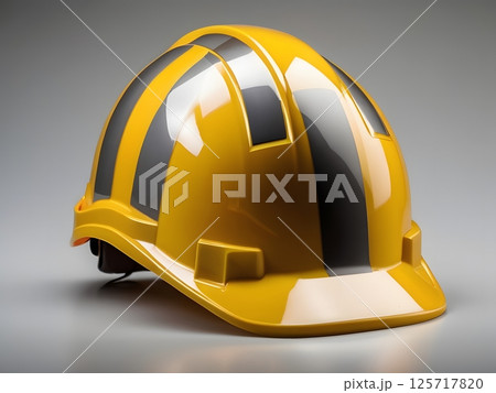 Yellow and black safety helmet are isolated on a white background with a dark shadow 125717820