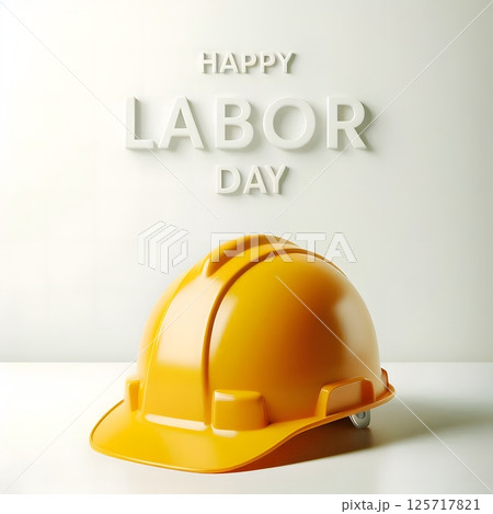 Yellow safety helmet isolated on a white background with HAPPY LABOR DAY text for celebration 125717821