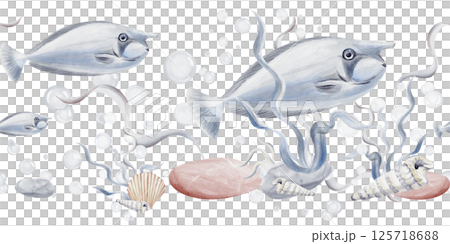 Seamless border with blue tropical fish. Pebbles and seaweed on the bottom. Raucski and mollusks multicolored. Bubbles under water. Watercolor illustration without background. Hand drawing. Seamless border with blue tropical fish. Pebbles and seaweed on the bottom. Raucski and mollusks multicolored. Bubbles under water. Watercolor illustration without background. Hand drawing. 125718688