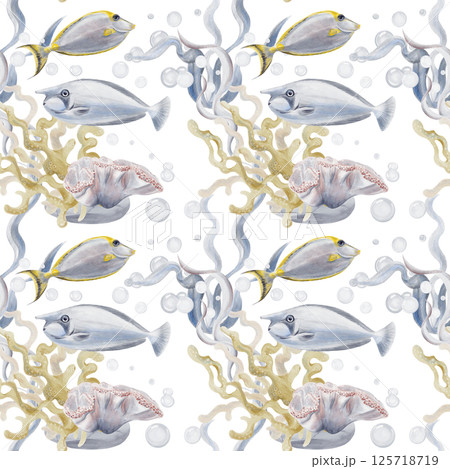 Seamless pattern with tropical fish, elephant fish and surgeonfish. Algae and corals. Sea pebbles and bubbles. Gentle blue ocean pattern. Watercolor illustration without background, hand drawn.  Seamless pattern with tropical fish, elephant fish and surgeonfish. Algae and corals. Sea pebbles and bubbles. Gentle blue ocean pattern. Watercolor illustration without background, hand drawn.  125718719