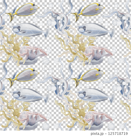Seamless pattern with tropical fish, elephant fish and surgeonfish. Algae and corals. Sea pebbles and bubbles. Gentle blue ocean pattern. Watercolor illustration without background, hand drawn.  Seamless pattern with tropical fish, elephant fish and surgeonfish. Algae and corals. Sea pebbles and bubbles. Gentle blue ocean pattern. Watercolor illustration without background, hand drawn.  125718719
