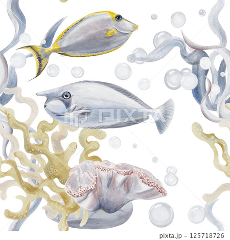 Seamless pattern with tropical fish, elephant fish and surgeonfish. Algae and corals. Sea pebbles and bubbles. Gentle blue ocean pattern. Watercolor illustration without background, hand drawn. Seamless pattern with tropical fish, elephant fish and surgeonfish. Algae and corals. Sea pebbles and bubbles. Gentle blue ocean pattern. Watercolor illustration without background, hand drawn. 125718726
