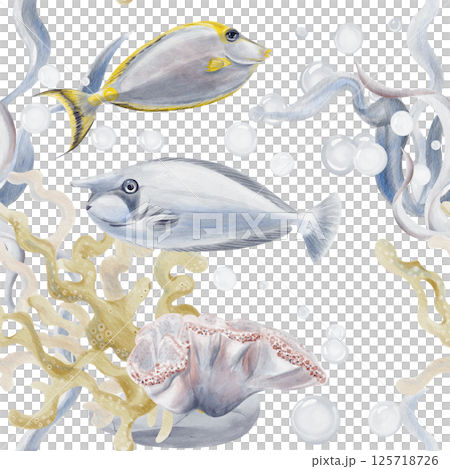 Seamless pattern with tropical fish, elephant fish and surgeonfish. Algae and corals. Sea pebbles and bubbles. Gentle blue ocean pattern. Watercolor illustration without background, hand drawn. Seamless pattern with tropical fish, elephant fish and surgeonfish. Algae and corals. Sea pebbles and bubbles. Gentle blue ocean pattern. Watercolor illustration without background, hand drawn. 125718726
