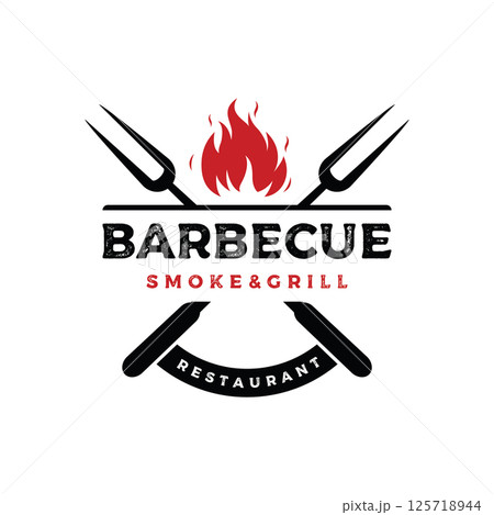 BBQ hot grill vintage typography logo template design with crossed flames and spatula. Logo for restaurant, badge, cafe and bar. 125718944