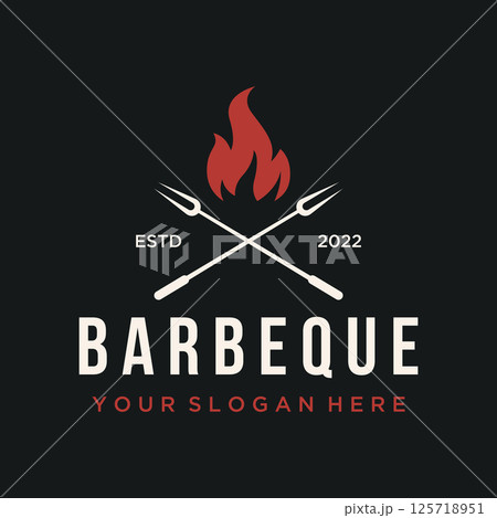 BBQ hot grill vintage typography logo template design with crossed flames and spatula. Logo for restaurant, badge, cafe and bar. 125718951