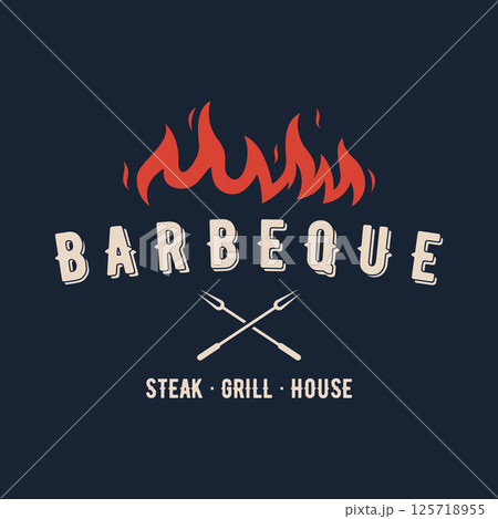 BBQ hot grill vintage typography logo template design with crossed flames and spatula. Logo for restaurant, badge, cafe and bar. 125718955
