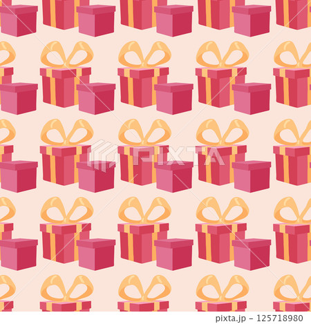 Seamless pattern with cute festive pink boxes and yellow bows on beige background Seamless pattern with cute festive pink boxes and yellow bows on beige background 125718980