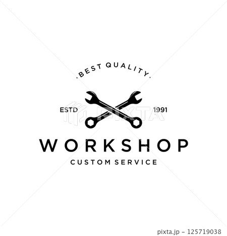 Crossed wrench logo template design with vintage gear.Logo for workshop, badge, industry,service or repair and mechanic. 125719038