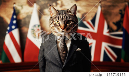 Funny concept featuring a cat dressed as a British politician, complete with a suit and standing in front of the UK flag. The image blends humor and satire 125719153