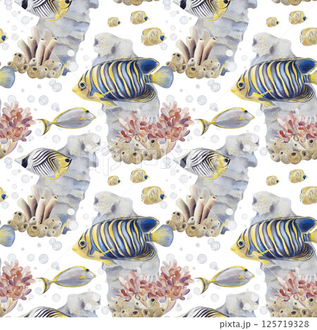 Seamless pattern with tropical striped fish. Seaweed and echtinia on the seabed. Coral reef. Underwater world. Bubbles and sea sponges. Watercolor illustration without background. Hand drawing.  125719328