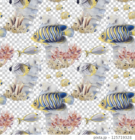Seamless pattern with tropical striped fish. Seaweed and echtinia on the seabed. Coral reef. Underwater world. Bubbles and sea sponges. Watercolor illustration without background. Hand drawing.  125719328