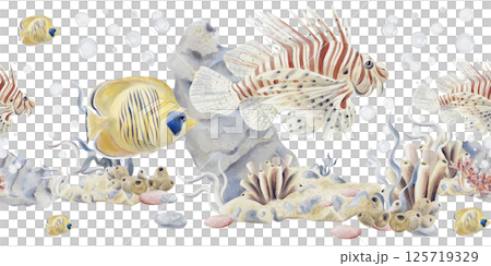 Seamless border with tropical fish. Striped red. Lion fish and big yellow . Coral reef. Pebbles and sea . Ocean and aquarium. Watercolor illustration without background. Hand drawing.  125719329