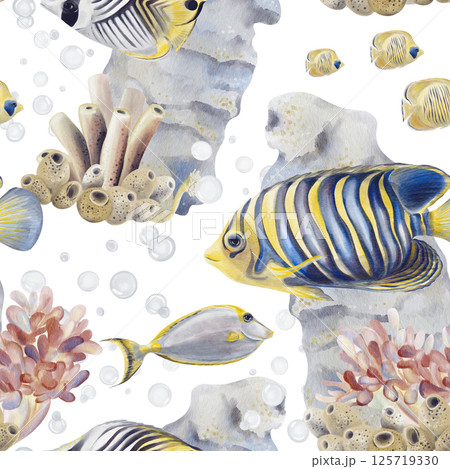 Seamless pattern with tropical striped fish. Seaweed and echtinia on the seabed. Coral reef. Underwater world. Bubbles and sea sponges. Watercolor illustration without background. Hand drawing.  125719330