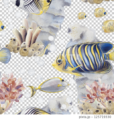 Seamless pattern with tropical striped fish. Seaweed and echtinia on the seabed. Coral reef. Underwater world. Bubbles and sea sponges. Watercolor illustration without background. Hand drawing.  125719330