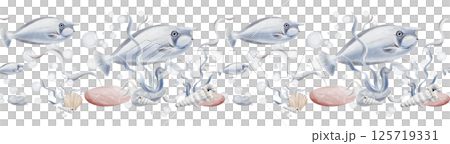 Seamless border with blue tropical fish. Pebbles and seaweed on the bottom. Raucski and mollusks multicolored. Bubbles under water. Watercolor illustration without background. Hand drawing.  125719331