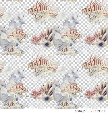 Seamless pattern with sea reef. Lionfish swims among seaweed and corals. Sea sponge, pebbles and bubbles. Underwater life. Watercolor illustration without background. Hand drawn. Seamless pattern with sea reef. Lionfish swims among seaweed and corals. Sea sponge, pebbles and bubbles. Underwater life. Watercolor illustration without background. Hand drawn. 125719334