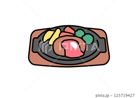 シンプルな鉄板に乗ったハンバーグのイラスト 125719427