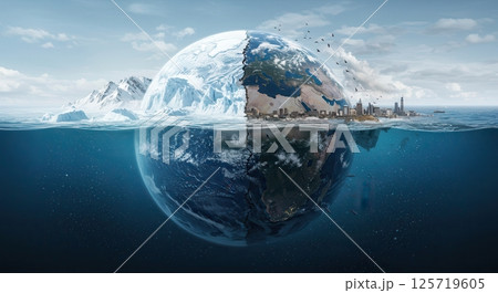Divided Earth showing frozen wilderness and city skyline above and submerged in ocean, representing climate change and environment. 125719605