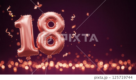 Rose gold foil balloons in the shape of the number 18 with falling confetti and bokeh lights on a dark background, celebrating an eighteenth birthday or milestone. 125719744