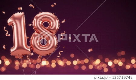 Rose gold foil balloons shaped as the number 18 with falling confetti and bokeh lights on a dark background, concept for 18th birthday celebration. 125719745