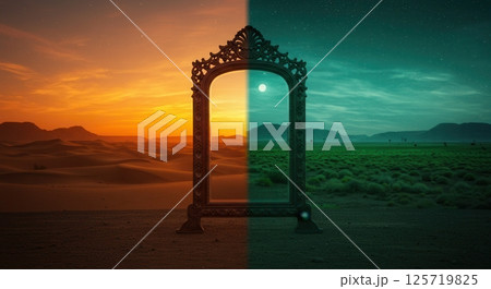 Antique mirror stands on a desert plain at twilight, reflecting warm sunlit dunes and a moonlit field, split in half. Concept of duality and transition. Antique mirror stands on a desert plain at twilight, reflecting warm sunlit dunes and a moonlit field, split in half. Concept of duality and transition. 125719825