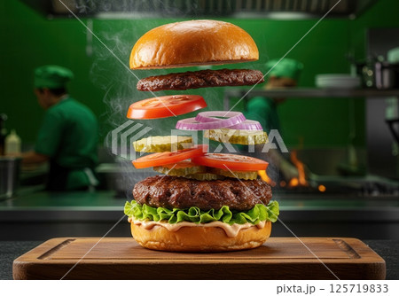 Deconstructed burger with beef patties, lettuce, tomato, onion, and pickles floating above a bun on a wooden board in a restaurant kitchen. 125719833
