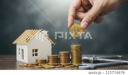 Hand places bitcoin on stack of coins near house model and wrenches. Concept for real estate investment, cryptocurrency, construction, and financial planning. 125719876