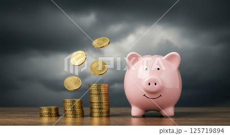 Pink piggy bank with a cheerful expression sits beside a rising stack of gold coins against a blurred background of dark grey storm clouds. 125719894