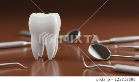 White molar stands prominently amidst dental instruments with angled mirrors reflecting light across a soft amber field. Dental healthcare concept. 125719899
