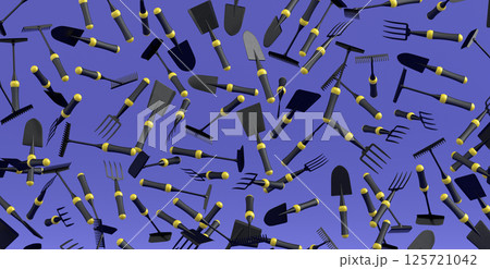 Many of flying garden shovel, pitchfork and rake on violet background 125721042