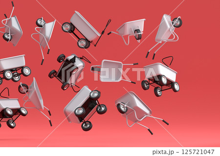 Many of flying garden wheelbarrows on red background. 125721047