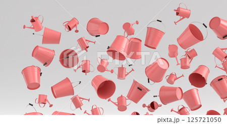Many of flying garden buckets for hydration of plants on white background 125721050