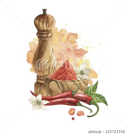 Watercolor illustration of chili peppers, pepper grinder, spicy paprika powder in wooden bowl, white flowers, green leaves. Rustic kitchen spice composition on white background. For design packaging Watercolor illustration of chili peppers, pepper grinder, spicy paprika powder in wooden bowl, white flowers, green leaves. Rustic kitchen spice composition on white background. For design packaging 125721358