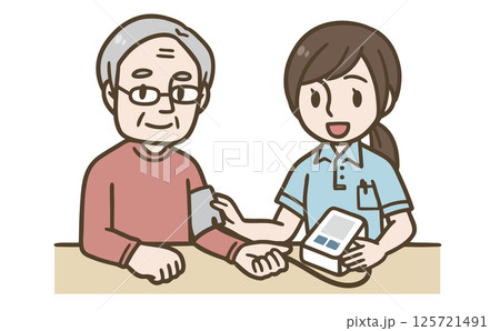 高齢者の血圧測定をする介護士のイラスト（医療・介護） 125721491
