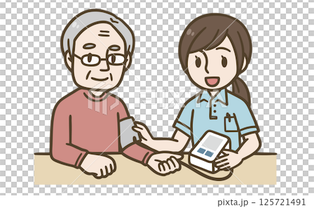 高齢者の血圧測定をする介護士のイラスト（医療・介護） 125721491