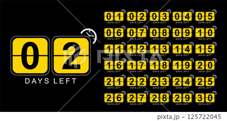 Countdown left days label. Number 1, 2, 3, 4 5 6 7 8 9 of days left to go Collection badges sale landing page banner 125722045
