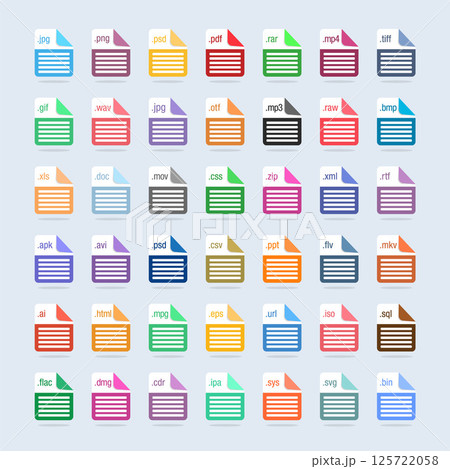Set of Document File Formats and Labels icons. File Type Icons. Vector Illustration 125722058