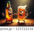 ケンカする瓶ビールとジョッキビールのキャラクター 125722216