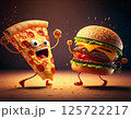 ケンカするピザとハンバーガーのキャラクター 125722217