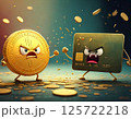 ケンカする硬貨とクレジットカードのキャラクター 125722218