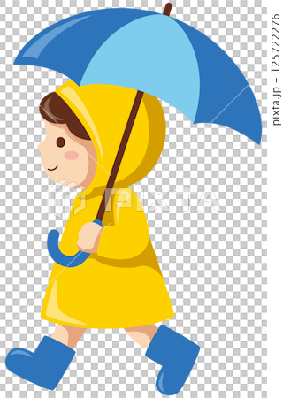 Vector illustration of a boy walking with an umbrella wearing a raincoat 125722276