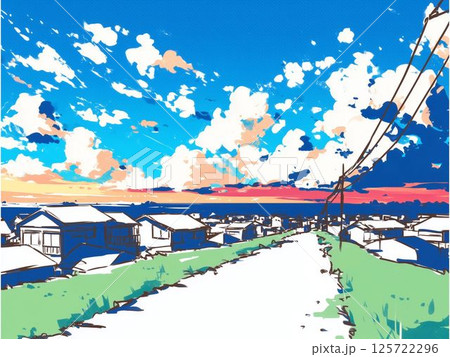 ノスタルジックな夏の夕暮れ、イラスト、素材、風景、背景、スタイリッシュ、 125722296