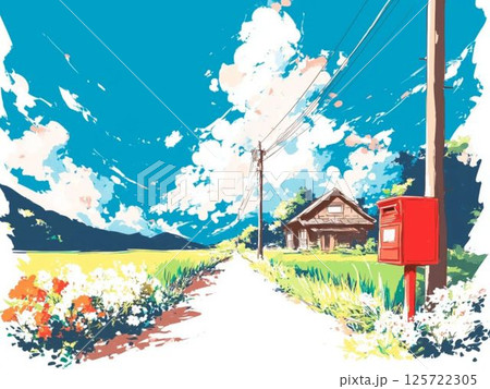 ノスタルジックな夏の田舎のイラスト、素材、風景、背景、スタイリッシュ、 125722305