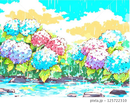 梅雨の背景イラスト、スタイリッシュ、キレイな風景、6月、雨降り、素材 125722310