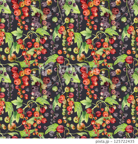 Currant gooseberry cluster bunch raceme with leaves, ripe garden berry casseille jostaberry juneberry. Seamless pattern isolated on dark, watercolor hand drawn. Seasonal menu, fabric, wrapping paper 125722435