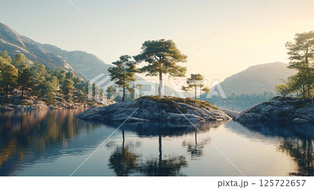 Serene Landscape with Trees Reflecting in Calm Water Under Bright Sky during Golden Hour Serene Landscape with Trees Reflecting in Calm Water Under Bright Sky during Golden Hour 125722657