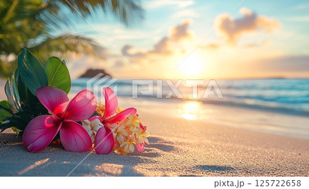 Vibrant Tropical Flowers on Sandy Beach at Sunset with Gentle Waves and Cloudy Sky Vibrant Tropical Flowers on Sandy Beach at Sunset with Gentle Waves and Cloudy Sky 125722658